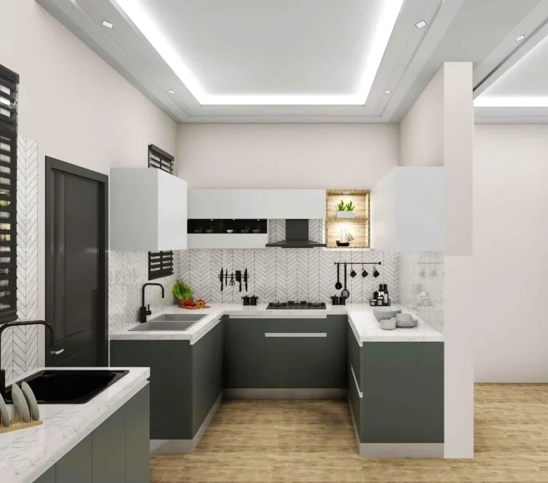 Modular kitchen design with grey cabinets and backsplash