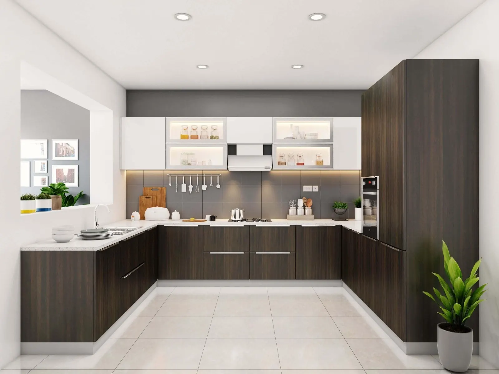 U-shaped modular kitchen design with dark wood finish